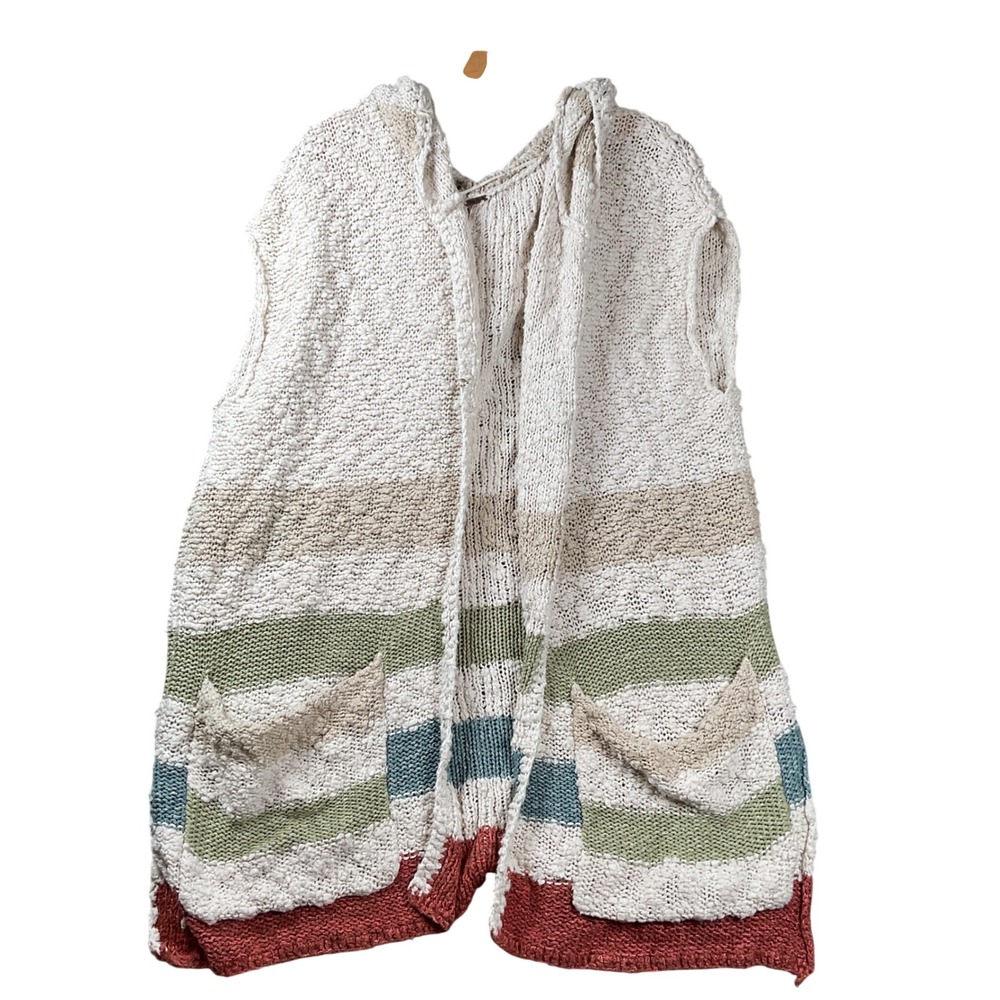 Free People Hooded Knit Vest Stripe Chunky Boucle Open Front Pocket Large Boho
